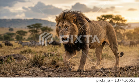 夕暮れのサバンナを威風堂々と歩くオスライオン 百獣の王 全身 137410053