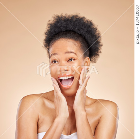 Woman, skincare and wow in studio, beauty or thinking for results, natural glow or idea by background. African girl, model and happy with surprise, shock or transformation for face, aesthetic or skin Woman, skincare and wow in studio, beauty or thinking for results, natural glow or idea by background. African girl, model and happy with surprise, shock or transformation for face, aesthetic or skin 137410057
