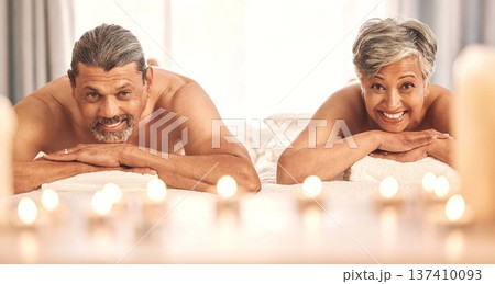 Relax, massage and portrait of couple in spa on holiday, vacation and anniversary celebration. Love, marriage and happy mature man and lady in beauty salon for luxury resort, wellness and skincare Relax, massage and portrait of couple in spa on holiday, vacation and anniversary celebration. Love, marriage and happy mature man and lady in beauty salon for luxury resort, wellness and skincare 137410093