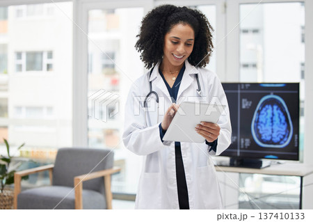 Neurology, doctor and planning surgery with tablet in office with x ray, results and patient data on tech for expert consultation. Cancer, research and black woman to study the brain or neuroscience Neurology, doctor and planning surgery with tablet in office with x ray, results and patient data on tech for expert consultation. Cancer, research and black woman to study the brain or neuroscience 137410133