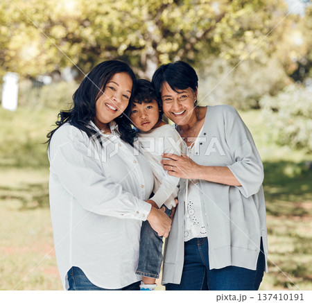 Portrait of woman, mother or child in garden with love or care on mothers day or women bonding. Retirement, smile or mom in park together on a happy family holiday vacation with kid or grandma 137410191