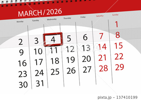 Calendar 2026, deadline, day, month, page, organizer, date, March, wednesday, number 4 Calendar 2026, deadline, day, month, page, organizer, date, March, wednesday, number 4 137410199