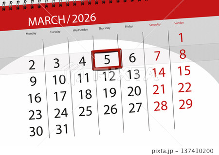 Calendar 2026, deadline, day, month, page, organizer, date, March, thursday, number 5 Calendar 2026, deadline, day, month, page, organizer, date, March, thursday, number 5 137410200