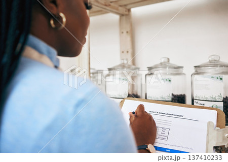 Quality control, woman and paperwork for a survey of food, fruit and produce in store. Notes, female person hands and back with checklist inspection, maintenance document and retail shop monitoring 137410233