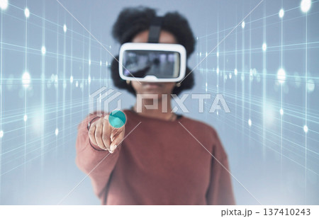 Virtual reality, hologram and woman in studio for biometrics, metaverse and data analytics. Cybersecurity, futuristic technology and person with VR glasses for research, networking and software ux Virtual reality, hologram and woman in studio for biometrics, metaverse and data analytics. Cybersecurity, futuristic technology and person with VR glasses for research, networking and software ux 137410243