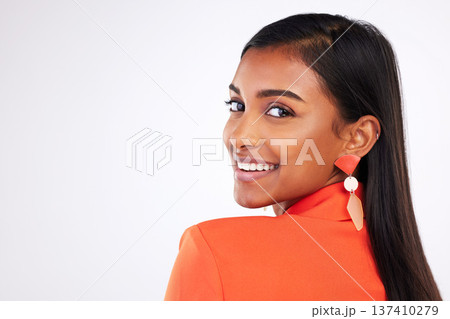 Fashion face, happy and woman in suit in studio isolated on white background mockup space. Portrait smile, style and confident Indian model in formal clothes for party, luxury event and aesthetic 137410279