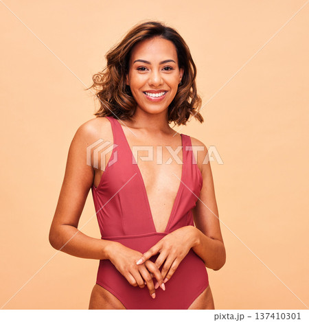 Happy, fashion and swimsuit with portrait of woman in studio for summer, tropical and wellness. Beach, vacation and beauty with person on beige background for confident, holiday and self love mockup Happy, fashion and swimsuit with portrait of woman in studio for summer, tropical and wellness. Beach, vacation and beauty with person on beige background for confident, holiday and self love mockup 137410301