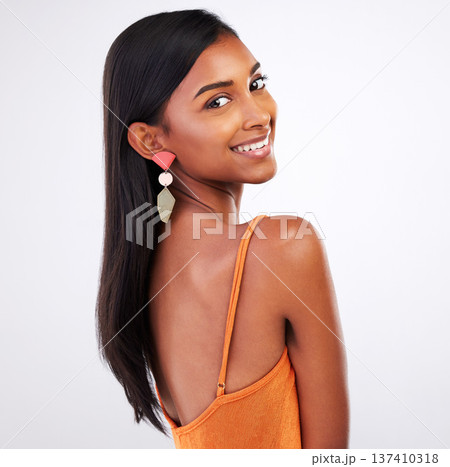 Portrait, fashion and happy woman in dress at studio isolated on a white background mockup space. Face smile, style and confident Indian model in formal clothes for party, event and elegant aesthetic 137410318