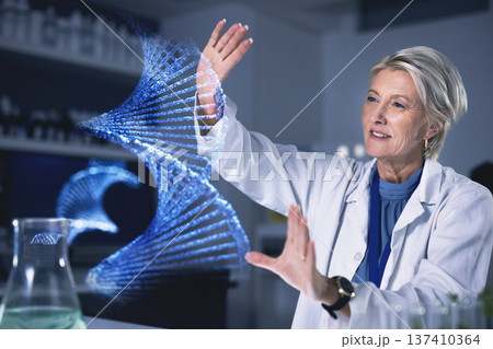 Woman, dna hologram and lab analysis, study or innovation with futuristic medical research with ux. Senior scientist, laboratory and 3D holographic overlay for digital transformation, hands or vision 137410364