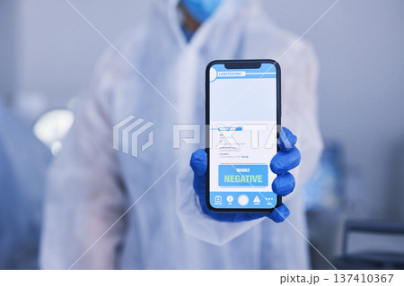 Phone screen, scientist hands and QR code, test results for drugs, virus and bacteria on medical mobile app in laboratory. Healthcare, science and online report, monkeypox info and positive feedback 137410367