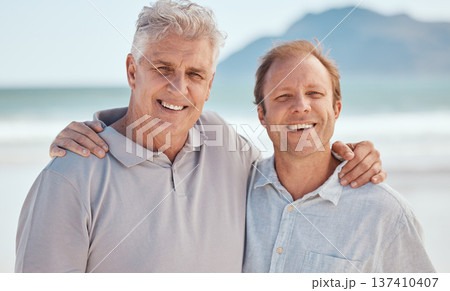 Beach, father or man hug in portrait together on a summer holiday vacation with smile or love. Family, son or happy man bonding with face of proud dad or senior parent at sea in Australia to relax 137410407