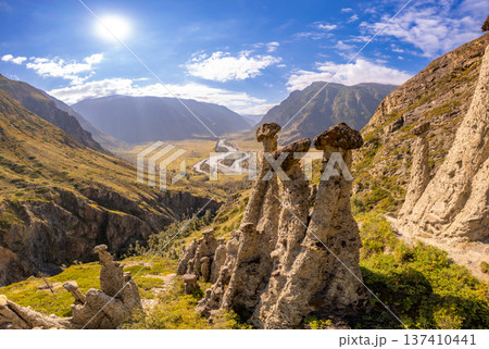 Aerial panaramic view to Natural formations stone mushrooms in Akkurum tract against blue sky, rock formations of a bizarre shape in sunny day. Ulagan Chulyshman river Valley, Altai Republic, Russia 137410441