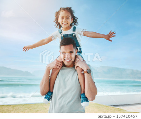 Piggy back, beach and father with girl, portrait and summer vacation with energy, adventure and playful together. Happy family, dad carrying child and kid with seaside holiday, happiness and travel 137410457