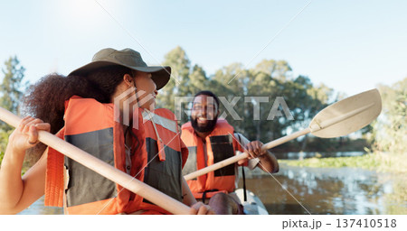 Couple, kayak and boat on lake outdoor for sports adventure or nature travel trip. Young man and woman together for fun workout, teamwork challenge and rowing on river or water on holiday or vacation Couple, kayak and boat on lake outdoor for sports adventure or nature travel trip. Young man and woman together for fun workout, teamwork challenge and rowing on river or water on holiday or vacation 137410518