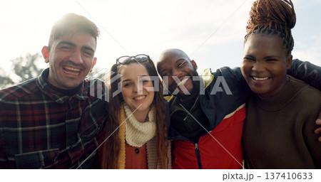 Group, couple of friends and laughing outdoor for fun, quality time and bonding together. Happy men, women and diversity of people hug with smile for support, freedom and funny double date at park 137410633