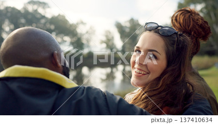 Happy, face and woman with friends on lake, camping in nature or group laughing and bonding on outdoor picnic at the park. Portrait, girl or smile in conversation, social gathering or relax in woods 137410634