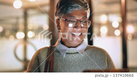 Face, tablet and senior woman in office laughing at funny meme or video at night. Technology, break and happy elderly female with touchscreen on social media reading comic story after working late. Face, tablet and senior woman in office laughing at funny meme or video at night. Technology, break and happy elderly female with touchscreen on social media reading comic story after working late. 137410668