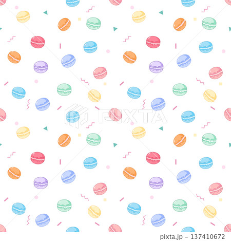 Seamless pattern of colorful sweet macarons and geometric sprinkles on white background Seamless pattern of colorful sweet macarons and geometric sprinkles on white background 137410672