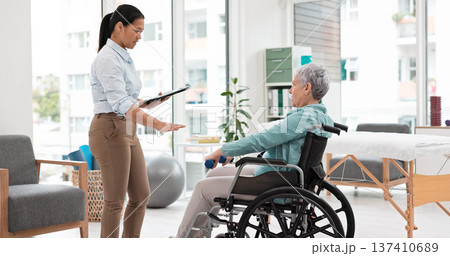 Woman with disability, physiotherapy and dumbbell rehabilitation of healthcare assessment, test or checklist of healing progress. Physiotherapist, clipboard or consulting senior patient in wheelchair 137410689