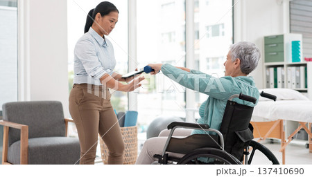 Woman with disability, physiotherapy and dumbbell exercise for healthcare assessment, test or digital checklist of medical progress. Physiotherapist, tablet or consulting senior patient in wheelchair 137410690