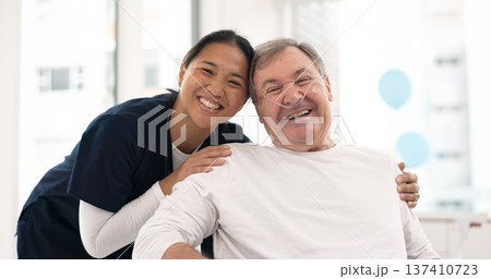 Hospital, nurse and senior man hug for comfort, empathy and support for cancer patient. Healthcare, clinic and portrait of female health worker embrace male person for medical care, service and help Hospital, nurse and senior man hug for comfort, empathy and support for cancer patient. Healthcare, clinic and portrait of female health worker embrace male person for medical care, service and help 137410723