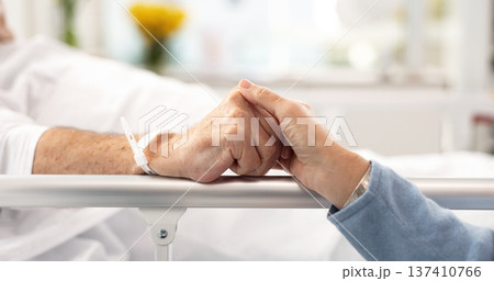 Hospital bed, support and senior couple holding hands, trust or comfort sick partner with healthcare problem. Bedroom, marriage love or elderly people care for mental health patient with medical risk Hospital bed, support and senior couple holding hands, trust or comfort sick partner with healthcare problem. Bedroom, marriage love or elderly people care for mental health patient with medical risk 137410766