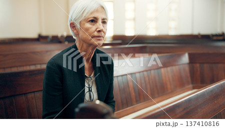 Church, bible or senior Christian woman ready to worship God, holy spirit or religion in cathedral alone. Faith, mature spiritual lady or elderly person in chapel praying to praise Jesus Christ 137410816