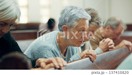 Elderly, prayer or old woman in church for God, holy spirit or religion in cathedral or Christian community. Faith, spiritual lady or senior person in chapel or sanctuary to praise Jesus Christ Elderly, prayer or old woman in church for God, holy spirit or religion in cathedral or Christian community. Faith, spiritual lady or senior person in chapel or sanctuary to praise Jesus Christ 137410820