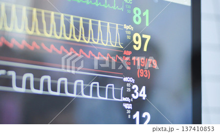 Medical monitor displaying patient vital signs, showing heart rate and blood pressure Medical monitor displaying patient vital signs, showing heart rate and blood pressure 137410853