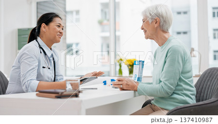 Medical consultation, tablet and senior woman, doctor and talk to patient, explain hospital services or healthcare insurance. Chat, results or cardiology worker consulting, advice or help old person 137410987