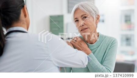 Physiotherapist, senior woman and check shoulder for rehabilitation help, recovery support or joint injury. Chiropractor consultation talk, elderly patient or physiotherapy doctor for medical service 137410999