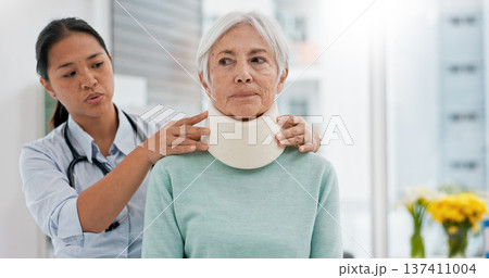 Doctor, senior woman and neck brace after injury, accident or hospital emergency. Medical professional, elderly person and collar in consultation for healthcare, wellness or healing in rehabilitation 137411004