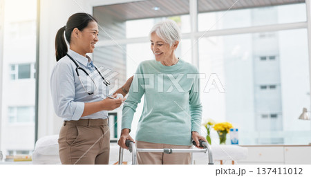 Rehabilitation, walker or doctor walking with old woman in retirement or hospital for wellness or support. Physio, nurse helping or elderly patient learning with frame in physical therapy recovery Rehabilitation, walker or doctor walking with old woman in retirement or hospital for wellness or support. Physio, nurse helping or elderly patient learning with frame in physical therapy recovery 137411012