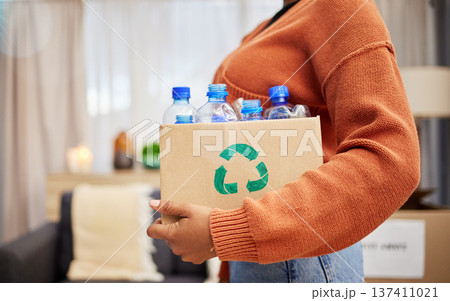 Plastic, recycling and woman with bottle in box in home for eco friendly, reusable and renewable trash. Sustainability, conservation and person with container to reduce waste, litter and garbage Plastic, recycling and woman with bottle in box in home for eco friendly, reusable and renewable trash. Sustainability, conservation and person with container to reduce waste, litter and garbage 137411021