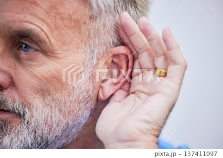 Senior man, listening and hand on ear or curious guy with gesture to hear gossip, conversation or announcement. Hearing, loss and old person with a disability or deaf male with hands to listen Senior man, listening and hand on ear or curious guy with gesture to hear gossip, conversation or announcement. Hearing, loss and old person with a disability or deaf male with hands to listen 137411097