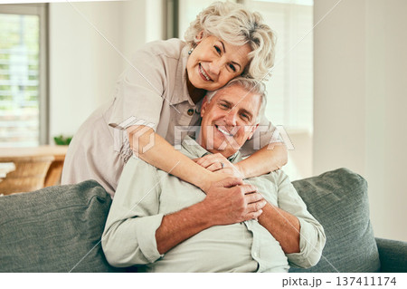 Portrait, smile or old couple hug in house living room bonding together to relax on holiday for love. Support, happy or senior man in retirement with a mature woman with trust or care in marriage Portrait, smile or old couple hug in house living room bonding together to relax on holiday for love. Support, happy or senior man in retirement with a mature woman with trust or care in marriage 137411174