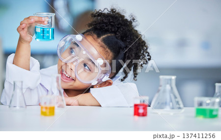 Science, eduction and smile with child in laboratory for experiment, learning and research. Future, study and knowledge with face of young girl and chemicals for results, medicine and analysis 137411256