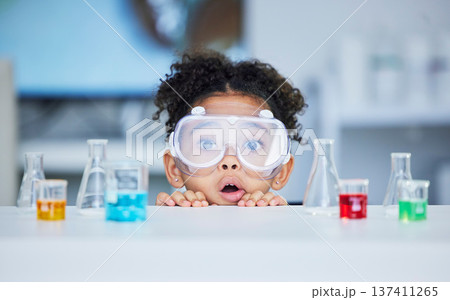 Science, learning and portrait of child in laboratory for experiment, education and research. Future, study and knowledge with face of young girl and chemicals for results, medicine and analysis 137411265