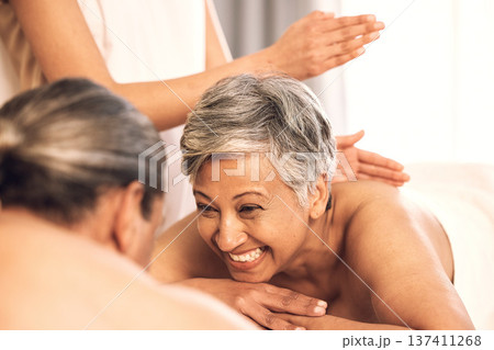 Spa, wellness and couple on massage table for luxury, resort and vacation with stress relief, zen and peace. People, senior man and mature woman with happiness, holiday and body care with treatment 137411268