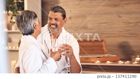 Anniversary, spa and senior couple with marriage, celebration and bonding with champagne, relationship and romantic retreat. Old woman, mature man and relax with alcohol glass, love and happiness 137411290