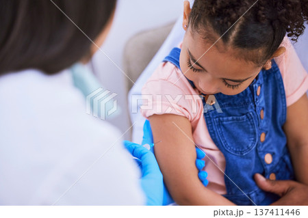 Girl, parent and doctor with syringe for vaccine, flu shot or medicine injection in clinic or hospital. Father, kid and pediatrician in office with needle for vaccination, consultation and child care 137411446