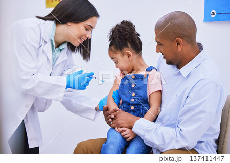 Kid, dad and woman doctor with syringe for vaccine, flu shot or medicine injection in clinic or hospital. Father, girl and pediatrician in office with needle, vaccination and child care consultation Kid, dad and woman doctor with syringe for vaccine, flu shot or medicine injection in clinic or hospital. Father, girl and pediatrician in office with needle, vaccination and child care consultation 137411447