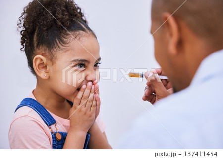 Sick, syringe and funny with child and medicine for consulting, helping and illness. Medical, healthcare and cough syrup with young girl and parent in family home for wellness, care and supplements Sick, syringe and funny with child and medicine for consulting, helping and illness. Medical, healthcare and cough syrup with young girl and parent in family home for wellness, care and supplements 137411454