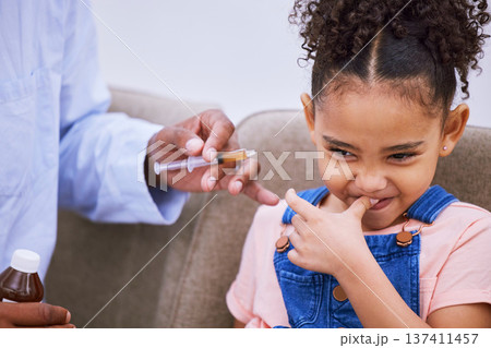 Sick, syringe and disgust with child and medicine for consulting, helping and illness. Medical, healthcare and cough syrup with young girl and parent in family home for wellness, care and supplements 137411457