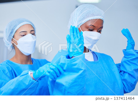 Doctor, theatre clothes and medical expert for surgery, operation, emergency and healthcare in hospital. Surgeon, women and professional nurse in teamwork and support for health, work and medicine 137411464