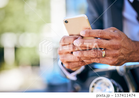 Outdoor, business and man with a smartphone, hands and typing with connection, social media and network. Closeup, person or employee with a cellphone, mobile app and professional with search internet Outdoor, business and man with a smartphone, hands and typing with connection, social media and network. Closeup, person or employee with a cellphone, mobile app and professional with search internet 137411474