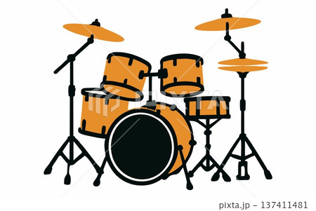 Cartoon illustration of a complete drum set. 137411481