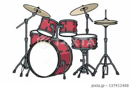 Cartoon illustration of a complete drum set. 137411488
