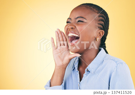 Shout, announcement black woman in studio with motivation and voice from deal. Yellow background, female person and secret with big news and excited from advertising, marketing and promotion deal Shout, announcement black woman in studio with motivation and voice from deal. Yellow background, female person and secret with big news and excited from advertising, marketing and promotion deal 137411520