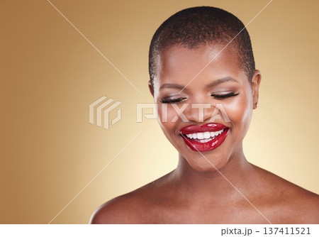 Mockup space, makeup and black woman with cosmetics, smile and dermatology on a brown studio background. Happy, person or model with skincare, beauty and red lipstick with aesthetic, luxury and shine Mockup space, makeup and black woman with cosmetics, smile and dermatology on a brown studio background. Happy, person or model with skincare, beauty and red lipstick with aesthetic, luxury and shine 137411521